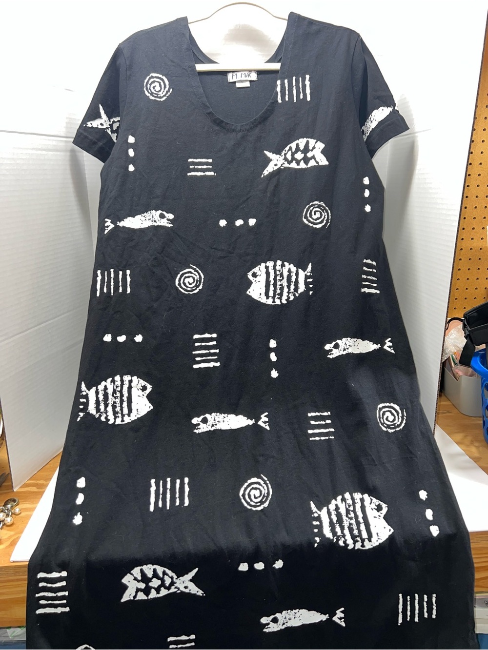 M.Mac Black Fish Print Ocean Maxi Dress Black White Boho